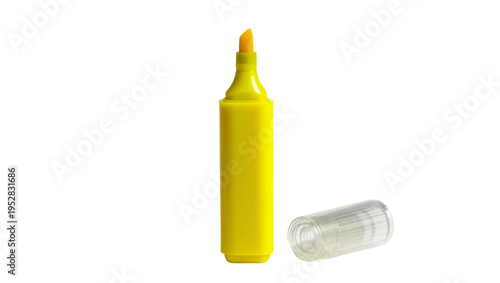 Obraz na plátne Isolated yellow highlighter pen with cap off, essential stationery item for offi