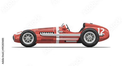 Vintage Red Racing Car with Number 12 on White Background.