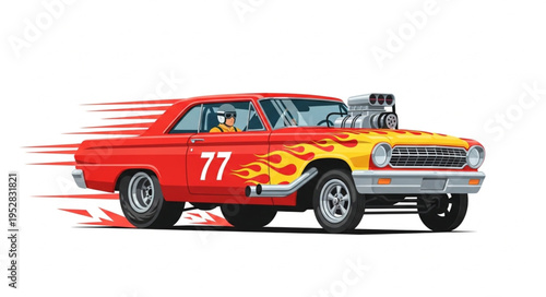 Red and Yellow Race Car with Flames and Number 77.