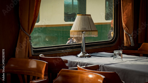 Vintage dining car interior with table lamps