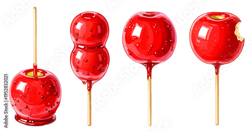 りんご飴のイラストセット 日本の屋台・縁日スイーツ素材 夏祭り