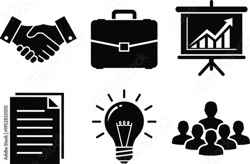 Business handshake briefcase chart lightbulb document and team agreement deal partnership