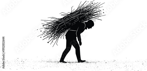 Silhouette laborer, heavy burden, carrying sticks, rural lifestyle, endurance, hard work, black and white illustration, struggle, responsibility, daily routine
