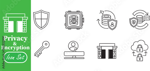 Privacy and Data Encryption Line Icon Set, Secure Database Protection and Cyber Security Network Symbols