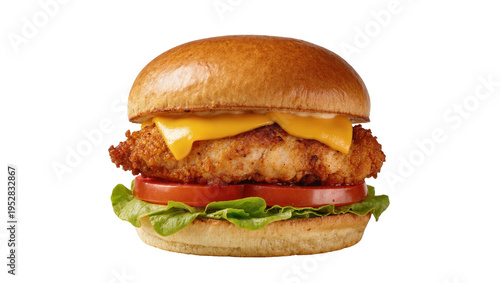 Tableau sur toile Isolated fried chicken sandwich with melted cheese, fresh tomato, and lettuce on
