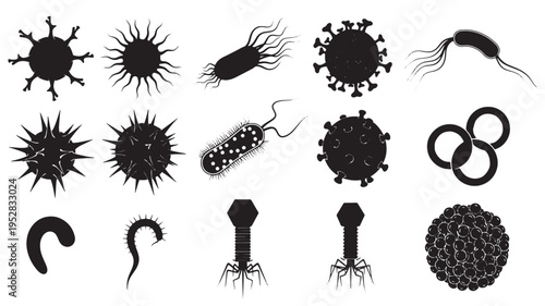 Collection of various biological microorganisms and viruses rendered in black silhouette, featuring diverse shapes and scientific illustrations.