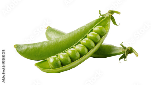 Fotografi Isolated fresh green pea pods with one opened showing raw peas inside, healthy o
