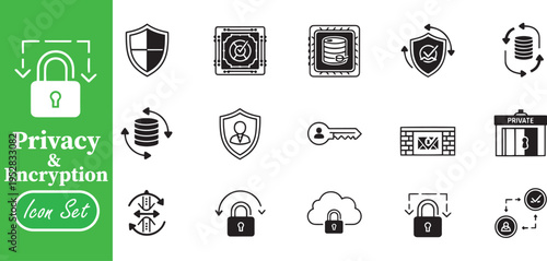 Privacy and Data Encryption Icon Set, Secure Database Protection and Cyber Security Network Symbols