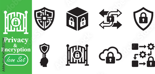 Privacy and Data Encryption Icon Set, Secure Network Cloud Computing and Cyber Security Symbols
