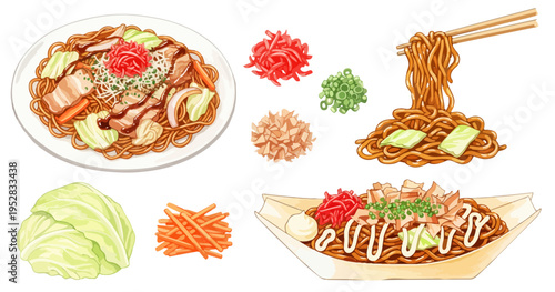 焼きそばのイラストセット 日本の屋台・縁日食べ物素材 夏祭り