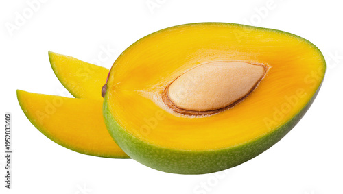 Bild auf Leinwand Isolated fresh ripe green mango half with pit and two vibrant juicy yellow slice