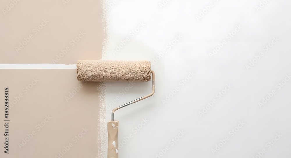Obraz premium A paint roller applying a fresh coat of white paint over a smooth beige wall surface indoors