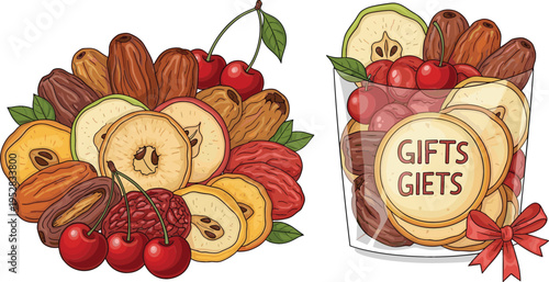 Colorful Collection of Dried Fruits and Cherries in a Decorative Glass Jar with Gift Tags for Holiday Gifting and Festive Occasions