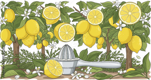 Vibrant Lemon Orchard with Fresh Lemons, Sliced Lemons, Citrus Juicer, and Blossoming Flowers for Fresh Juice Preparation