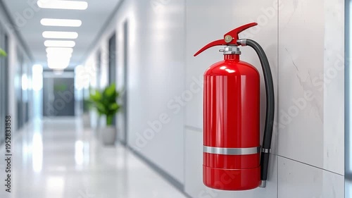 Fire extinguisher placed in bright modern hallway emphasizing workplace safety concept