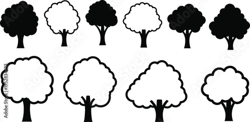 Collection of black and white stylized tree with rounded canopies and simple trunks silhouette symbol