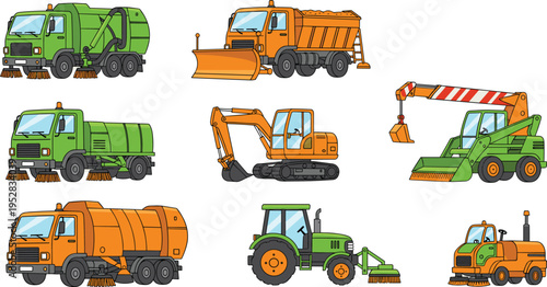 Cartoon illustration of eight different construction and street cleaning vehicles including sweepers, excavators, bulldozers, cranes, tractors, urban 