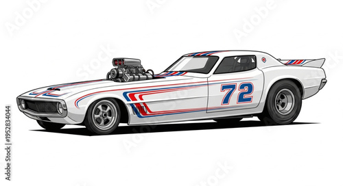 White Race Car with Red and Blue Stripes and Number 72.