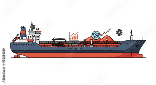 Illustration of a Large Oil Tanker Ship with Global Economic Symbols.