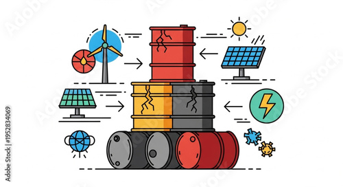 Transitioning to Renewable Energy - A Stack of Oil Barrels.