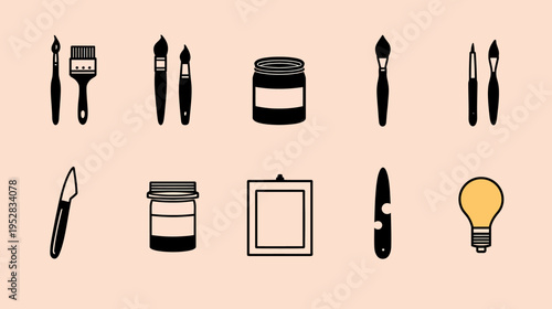 Art studio tools and creative supplies icon set. Hand-drawn paintbrushes, palette knife, paint jars, picture frame, and lightbulb on light background.