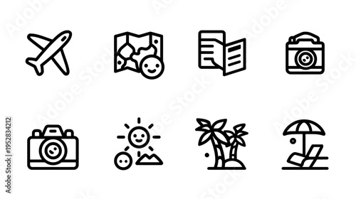 Travel and vacation line icons set. Airplane, map, camera, beach, sun, and palm tree symbols for holiday planning and tourism.