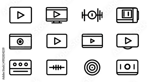 Media player, video streaming, and audio recording vector icons. Digital interface, play, pause, record, multimedia symbols.