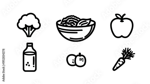 Healthy Food and Nutrition Line Icons Set. Organic Vegetables and Fruits Outline Vector Graphics for Diet and Wellness.