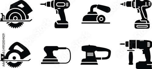 Collection of black silhouette icons featuring essential power tools including drills, saws, and sanders for construction, woodworking, DIY projects, and industrial design