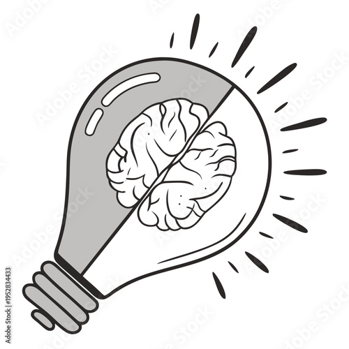 Conceptual illustration of lightbulb with brain inside, symbolizing idea generation and intelligence, isolated on white background, creative thinking and innovation