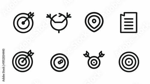Target, Goal, and Achievement Outline Icons Set. Strategic Planning, Success, Aim, and Location Pin Concepts.