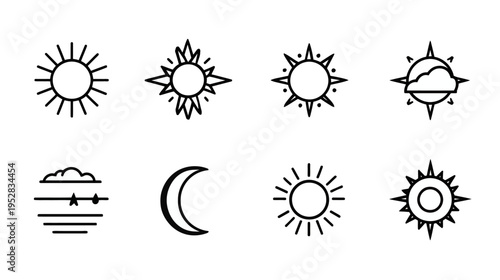 Sun and Moon Icons Set. Diverse vector outline symbols for celestial, weather, climate, forecast, daytime, and nighttime designs.
