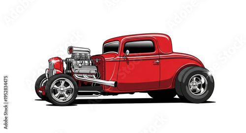Red Hot Rod Coupe with Chrome Engine Illustration.