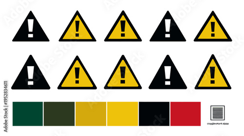 Collection of triangular warning signs with exclamation marks for danger, caution, safety alerts, and important notifications