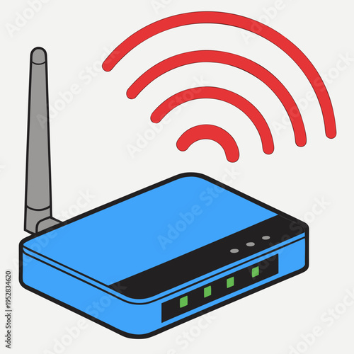 Internet wifi router vector illustration with external antenna and red radio frequency waves for home network connectivity isolated on light gray art