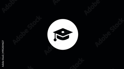 Minimalist White Graduation Cap Icon with Tassel in a Circle on Black Background - Education, Learning & Success Symbol