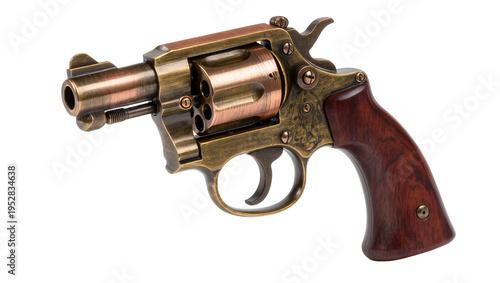 Foto Isolated retro styled bronze and copper revolver with classic wooden handle and