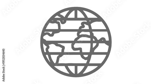 Simple gray line art globe icon on a white background, representing global communication, network, internet, world travel, and international connectivity concept.