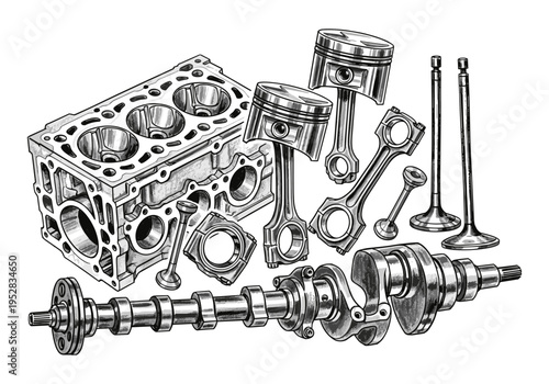 Detailed illustration of internal combustion engine components laid out on a white background