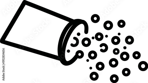 Simple line art icon of a container pouring out bubbles or dots. Vector graphic for spilling, scattering, and release concepts.
