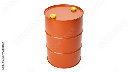 Obraz na płótnie Isolated orange industrial oil barrel with yellow bungs for chemical fuel storag