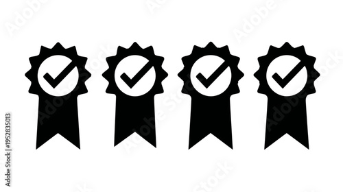 Four quality guarantee badges with check marks. Vector icons representing approval, certification, achievement, and success.