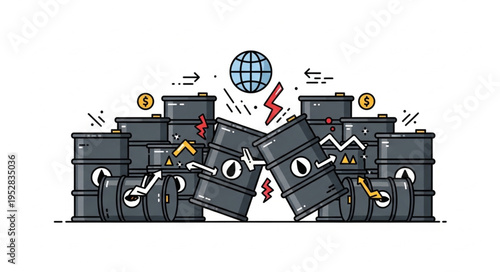 Cartoon Oil Barrels Pileup with Global Economic Crisis Symbols.