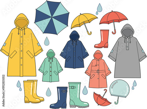 Rainy season essentials collection with raincoats umbrellas rubber boots and weather accessories colorful flat vector illustration set
