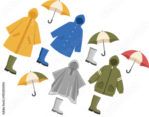 People in raincoats walking with umbrellas rainy weather scene colorful characters outdoor autumn vector illustration set