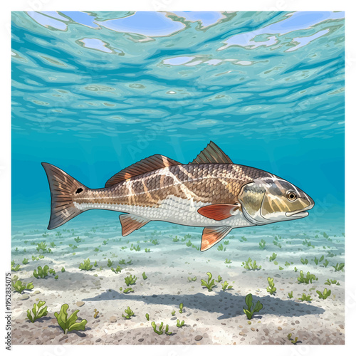 Redfish swimming underwater in shallow grassy flats illustration
