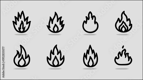 Set of various outline fire flame icons. Collection of vector symbols representing heat, warning, energy, danger, and passion.