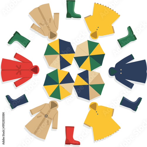 Rainy season fashion collection with colorful raincoats umbrellas and rubber boots arranged in circle flat vector illustration