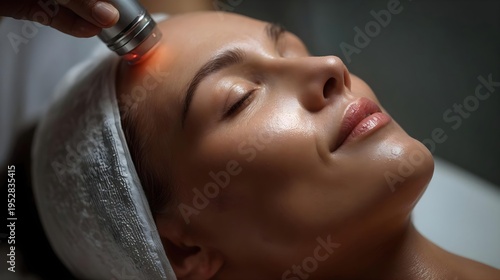 Plakat w ramie Femme recevant un soin du visage avec appareil de luminothérapie