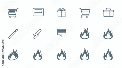 Set of E-commerce, Shopping, Payment, Gift, Energy, Fire, and Heat Line Icons. Modern outline symbols for web and mobile UI/UX design.